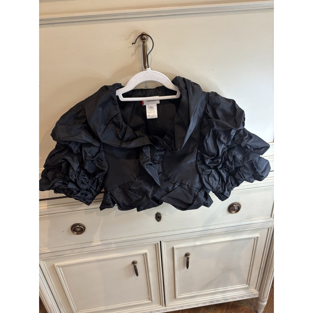 Takada 100% Silk Black Cropped Ruffle Sleeve Evening Shawl Made In France 44/Med